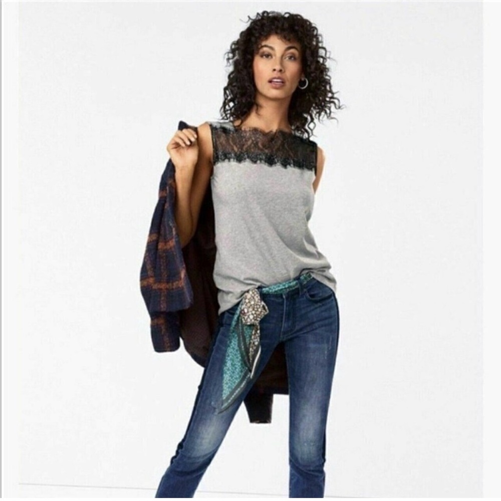 NWOT CAbi Style 3815 Lacey Tee, Gray and Black Lace Sleeveless Top, Size Medium
